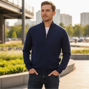 Club Room Full Zip Sweater, Men's, 100%‎ Cotton, Color Navy Blue, Size LARGE